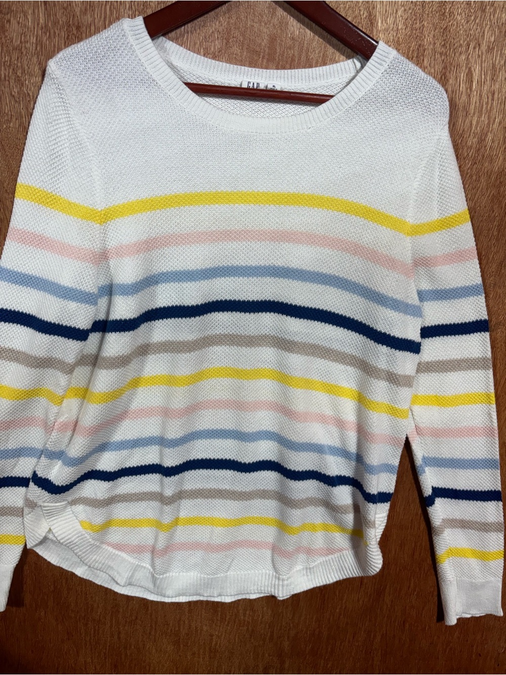 GAP White Rainbow Stripe Knit Sweater XL | Lightweight Cotton Crewneck Pullover